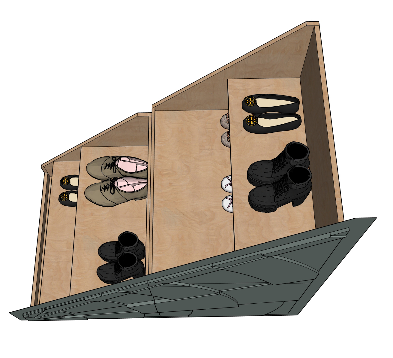 A drawing showing the shoe storage from the top view.