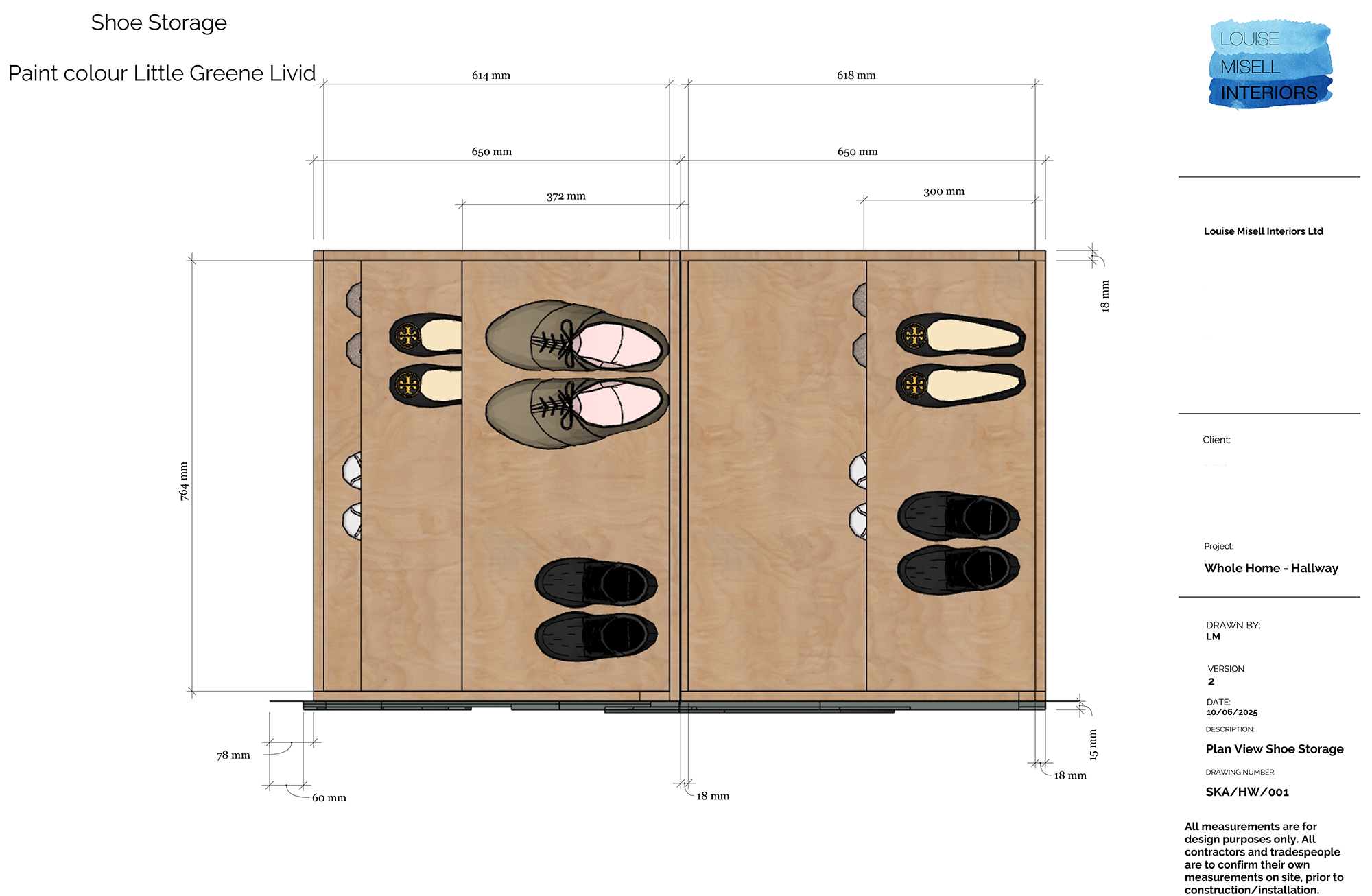 A drawing showing the top view of the storage with dimensions.