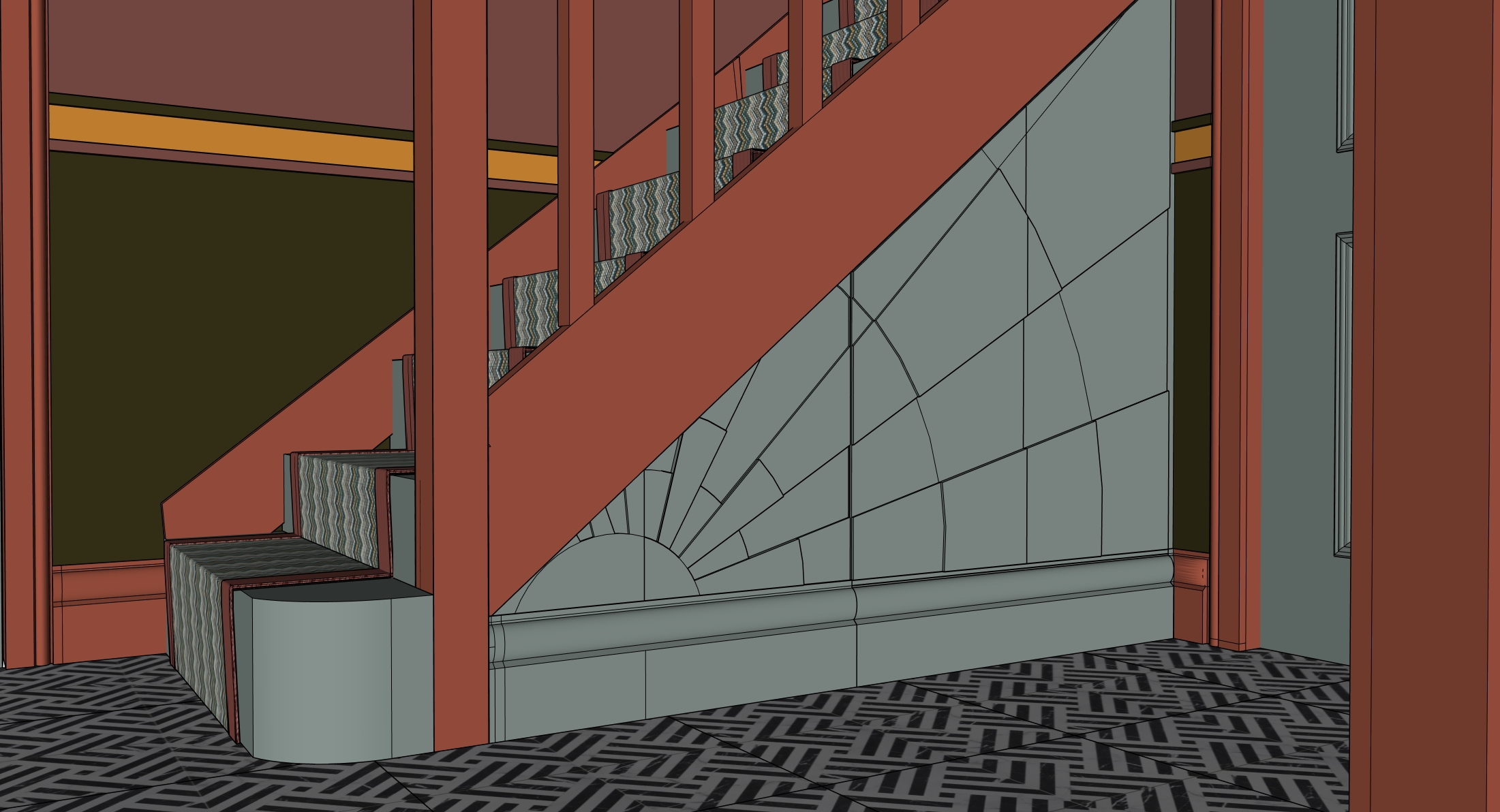 A 3D drawing of the hallways space with the sunburst design on the outside of the storage.
