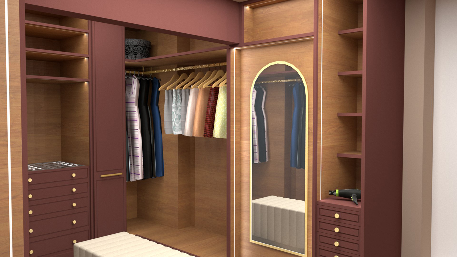 A computer generated image of the dressing room with a full length mirror on the right hand side.