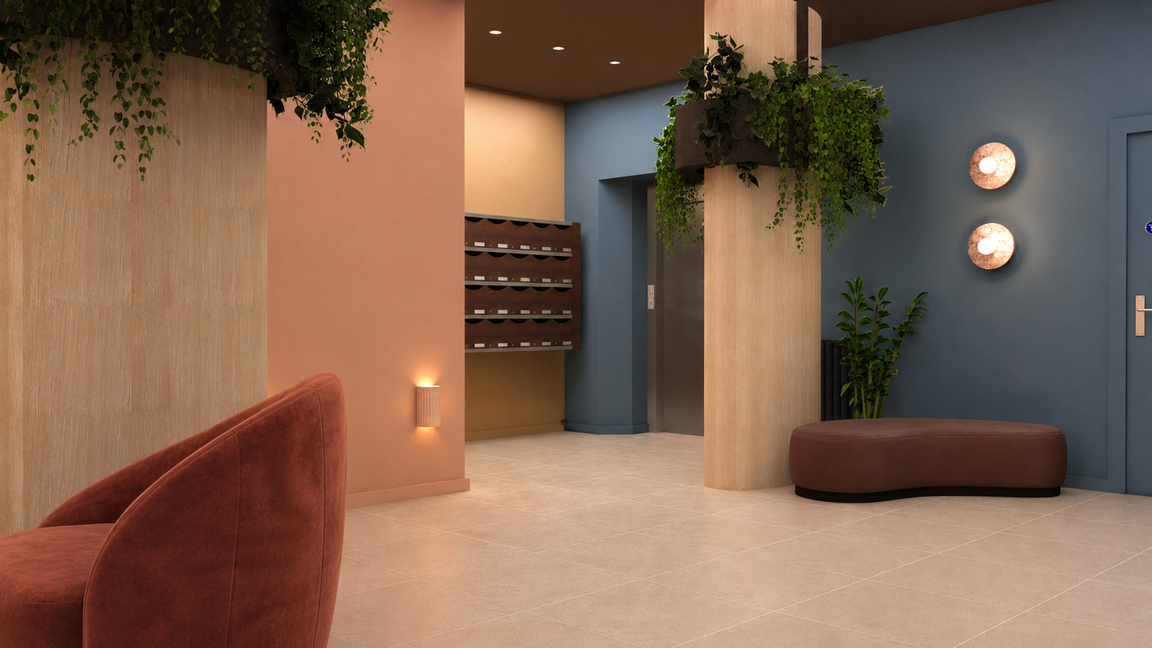 A 3D render of the lobby area by the lift, showing the wall lighting above the seating area.