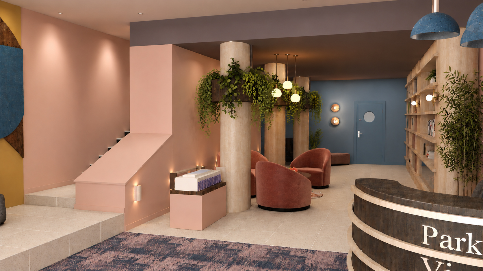 A 3D render of our design for the lobby with zones defined by lighting.