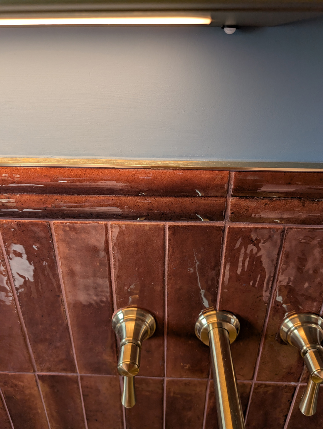 A photo of an en suite with rust tiles, showing the brushed brass tile trim and brass taps.