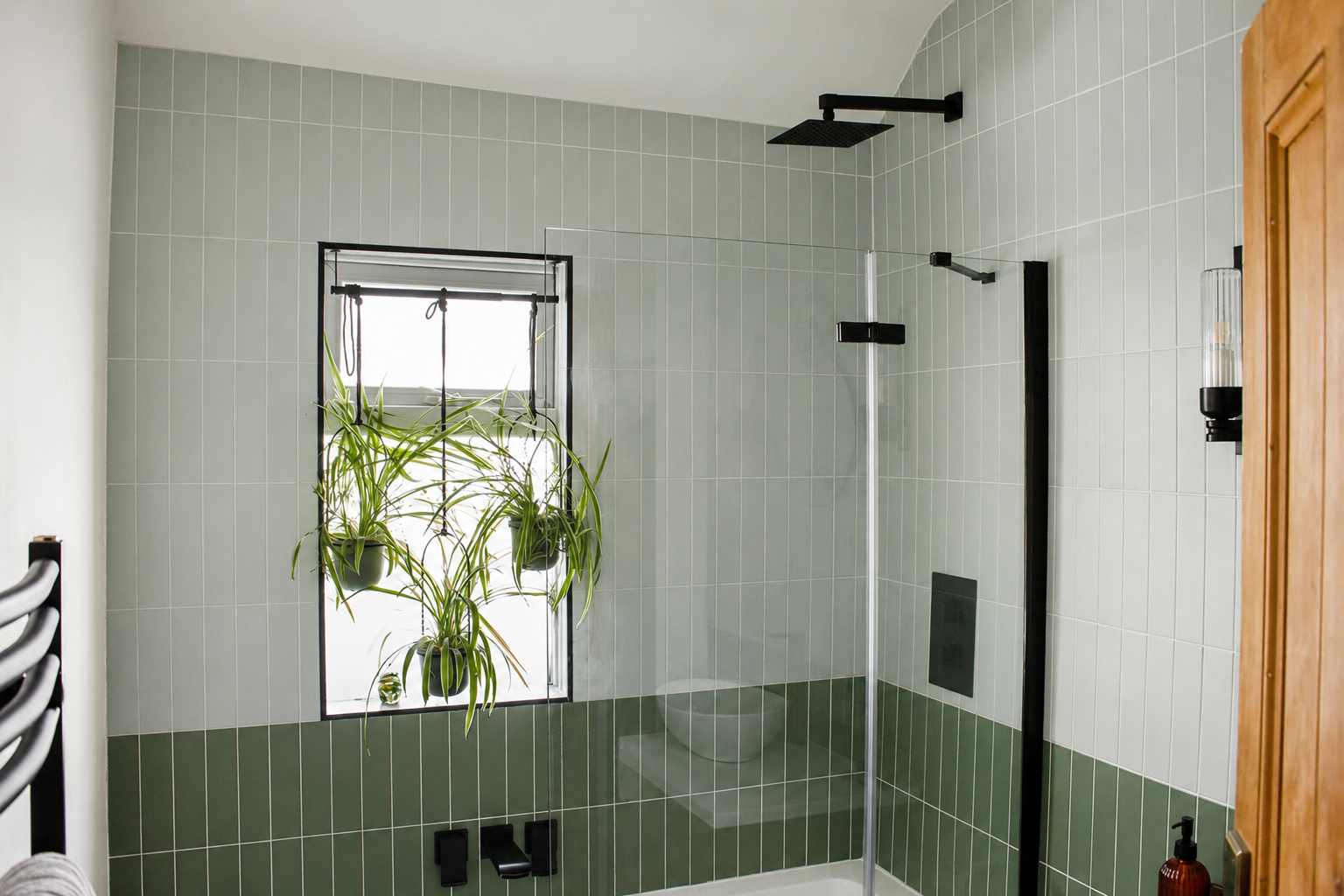 A photo of a bathroom with dark green tiles around the bath, with light green tiles and light green grout above.