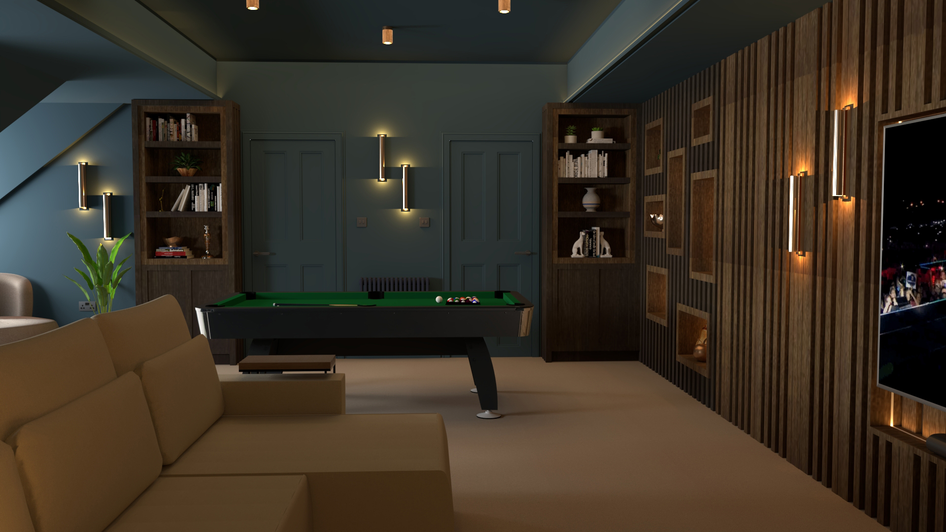 A 3D visualisation of some bespoke bookcases in dark and light stained wood.