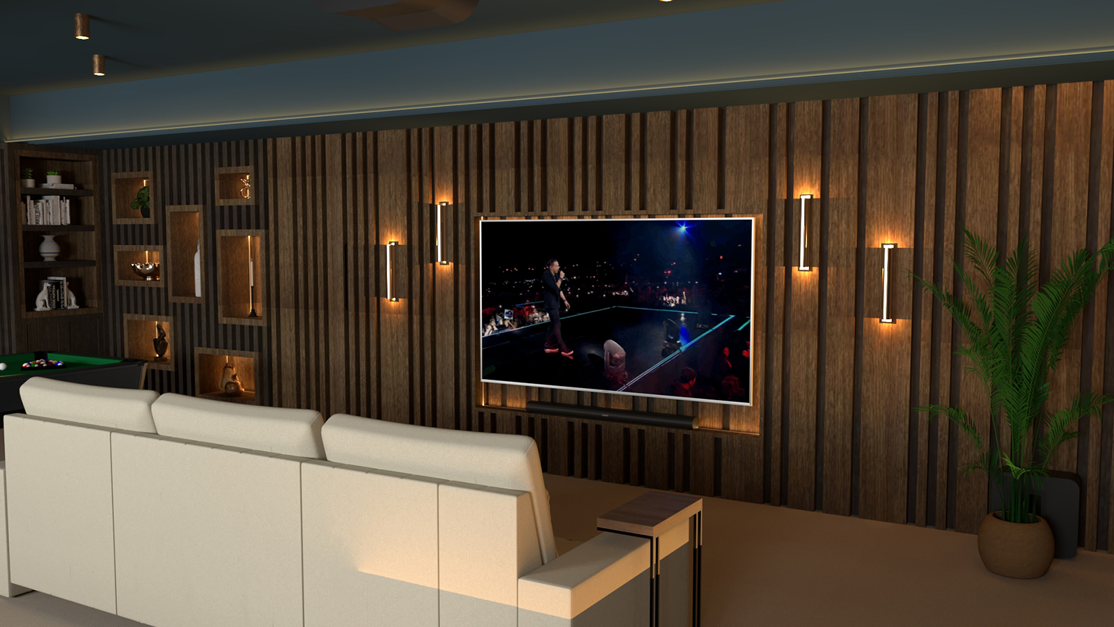 A 3D visualisation of the cinema room with dark blue walls and a slatted wooden media wall.