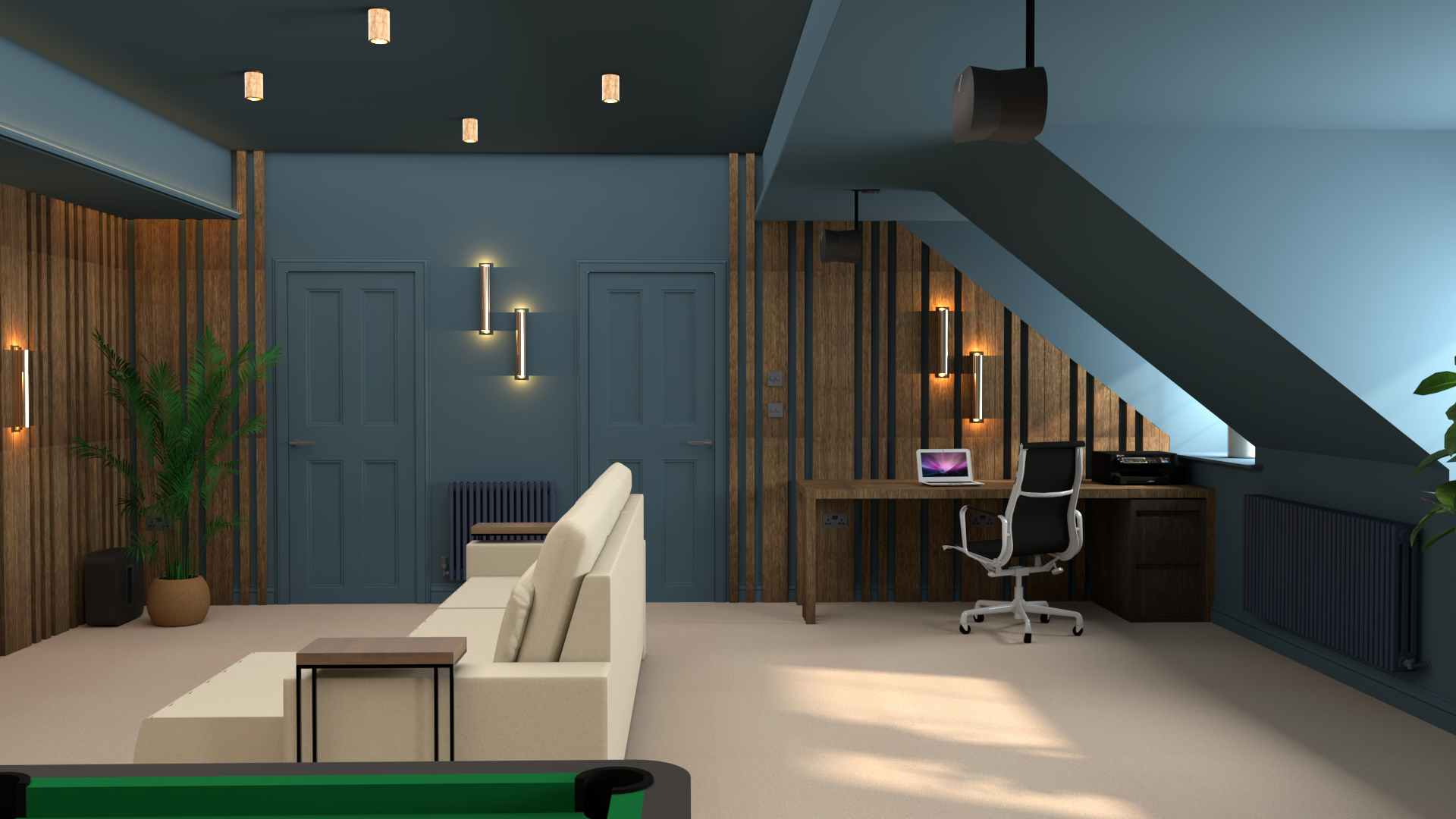 A 3D visualisation of a bespoke desk made from light and dark stained wood, against a slatted wooden wall.