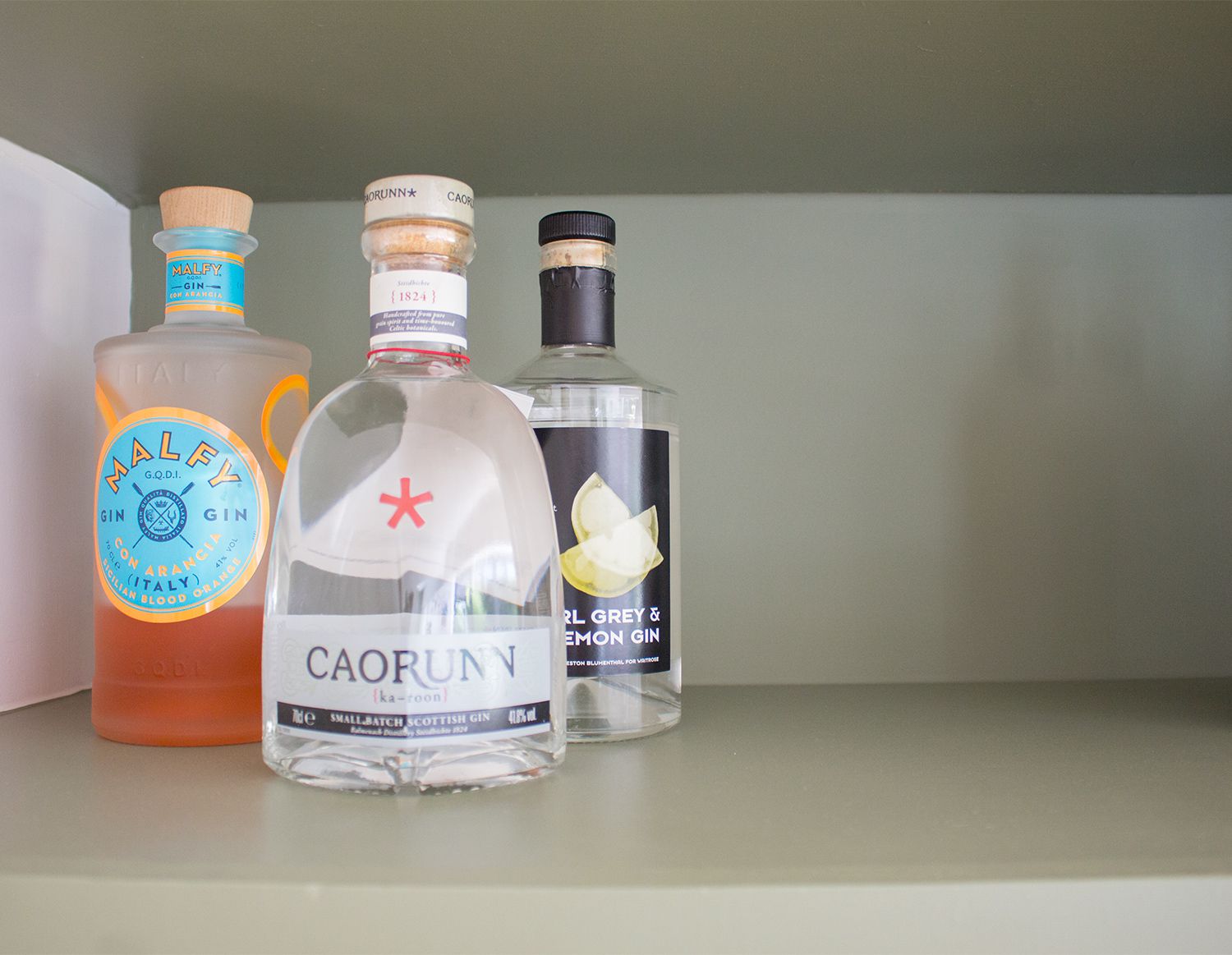 A close up of some gin bottles which are on the built in shelves.