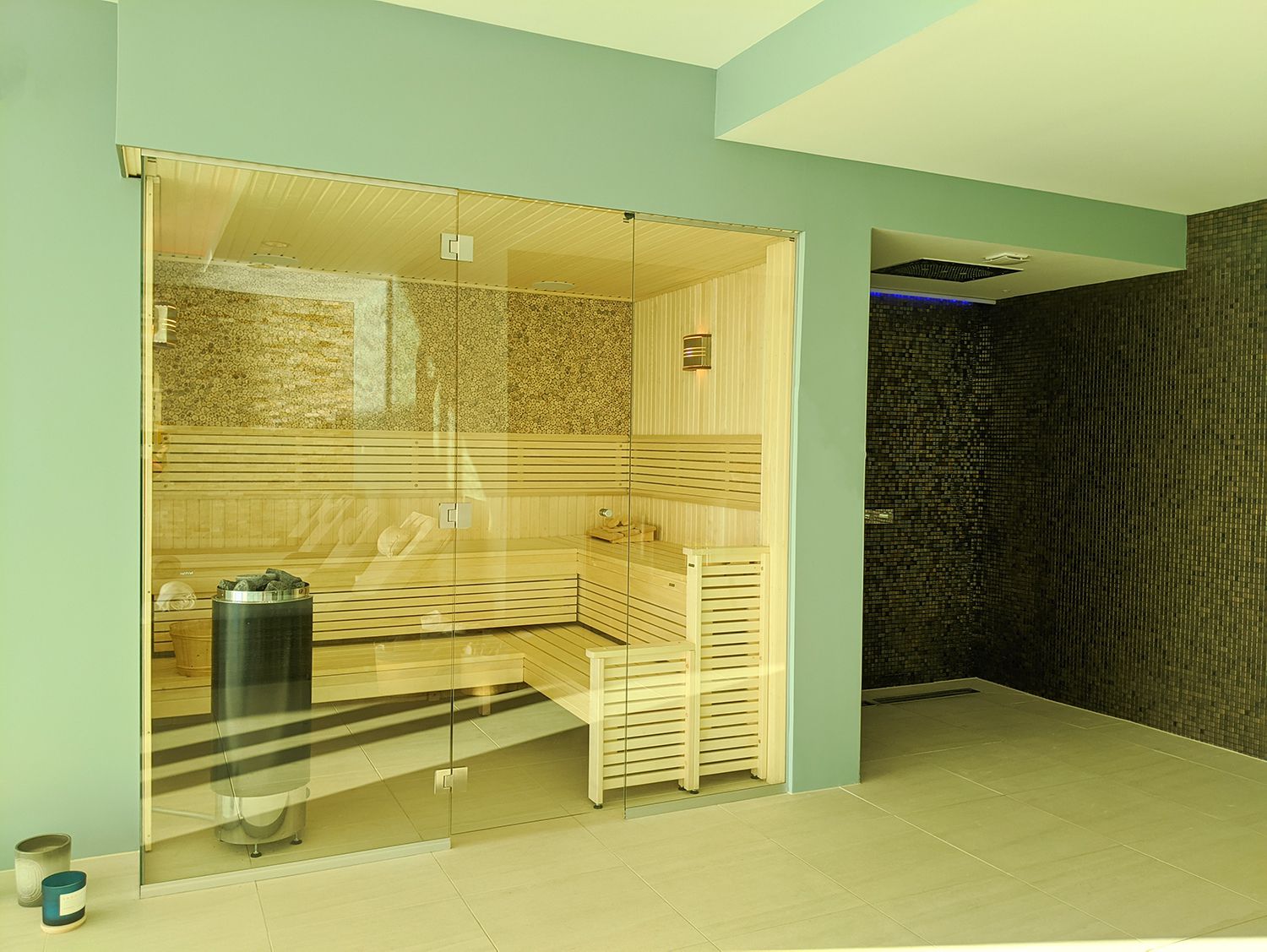 A photo of the new sauna and open shower area.