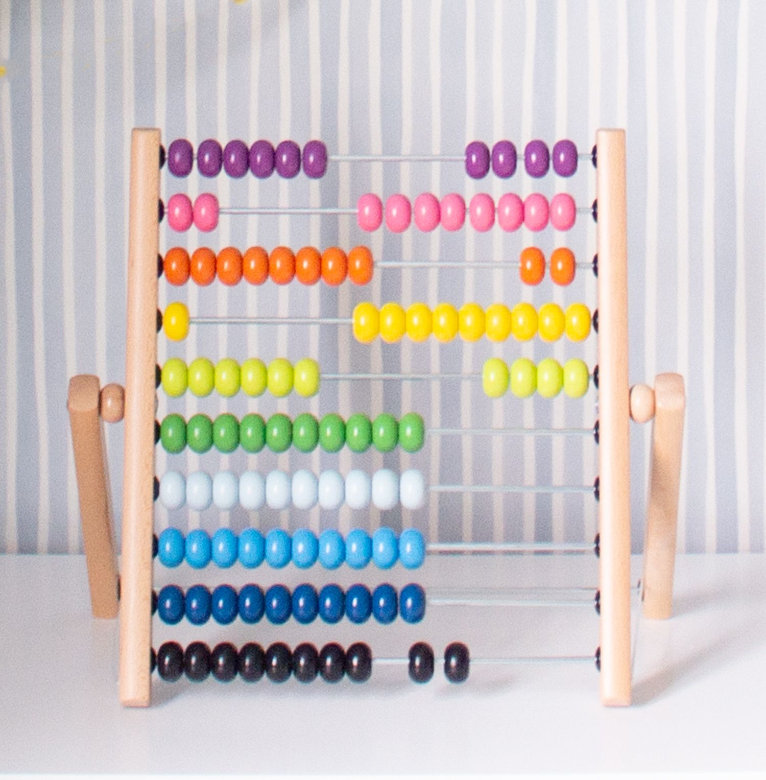A close up of the rainbow coloured abacus on top of the dresser.