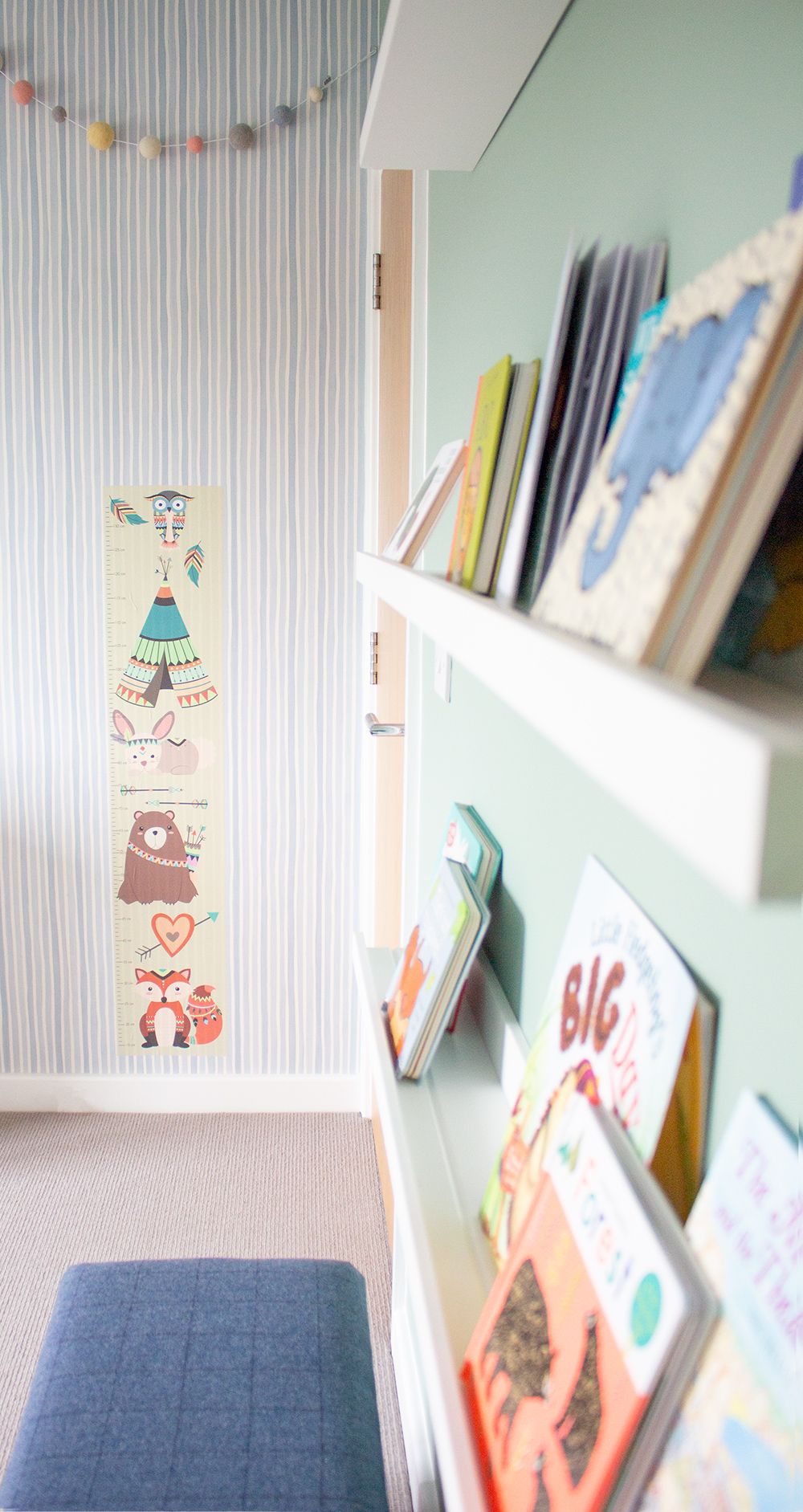 A close up looking down the picture shelves to the animal themed height chart.