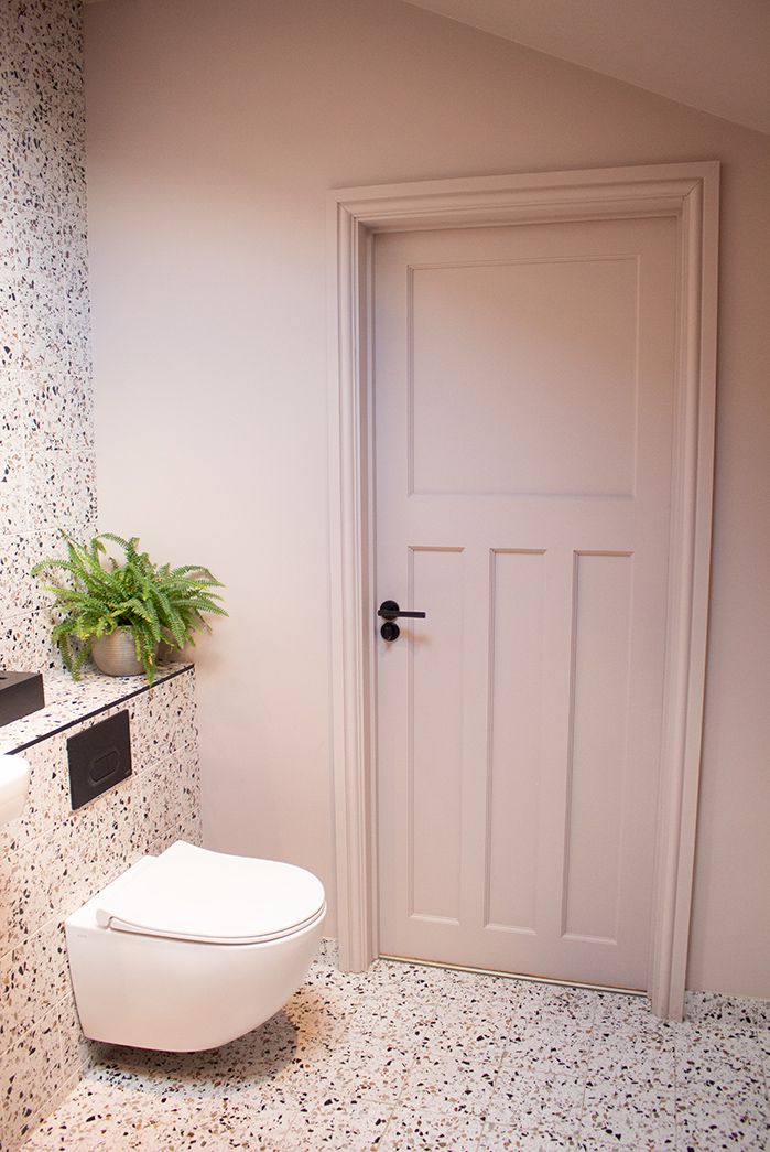 The WC in the new wet room, with terrazzo tiles on the floor.