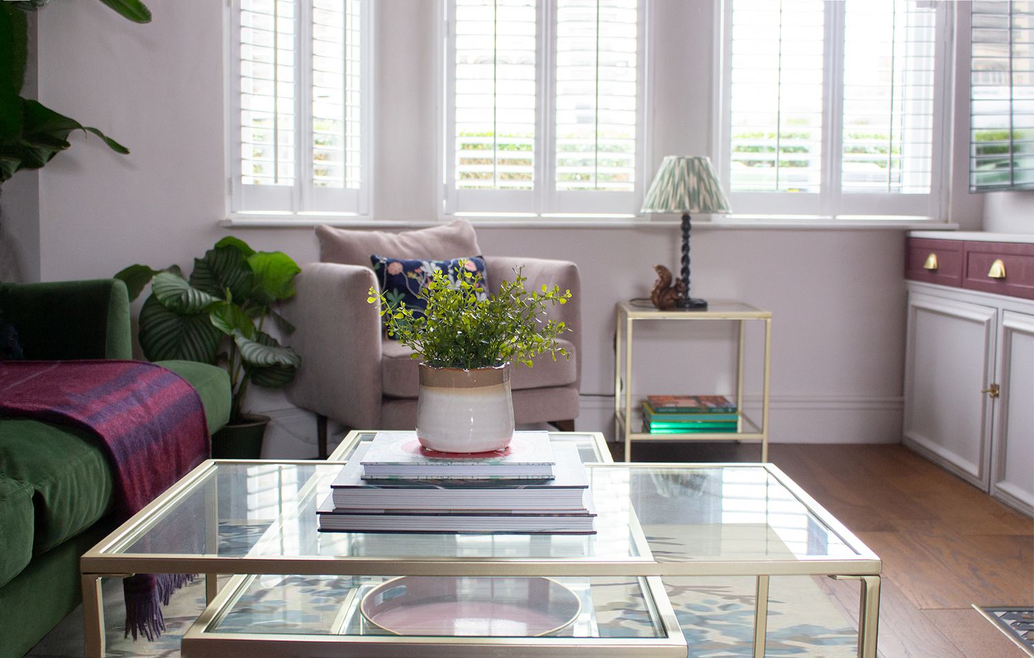 A photo of the view to the bay window, with the focus on the coffee table and plant on it.
