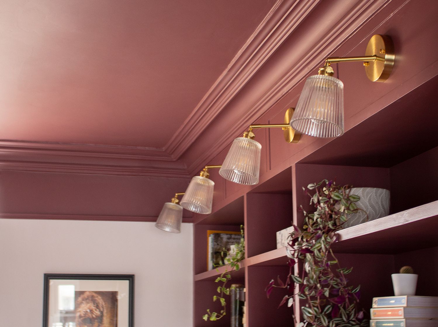 A close up photo of the lights above the desk area.