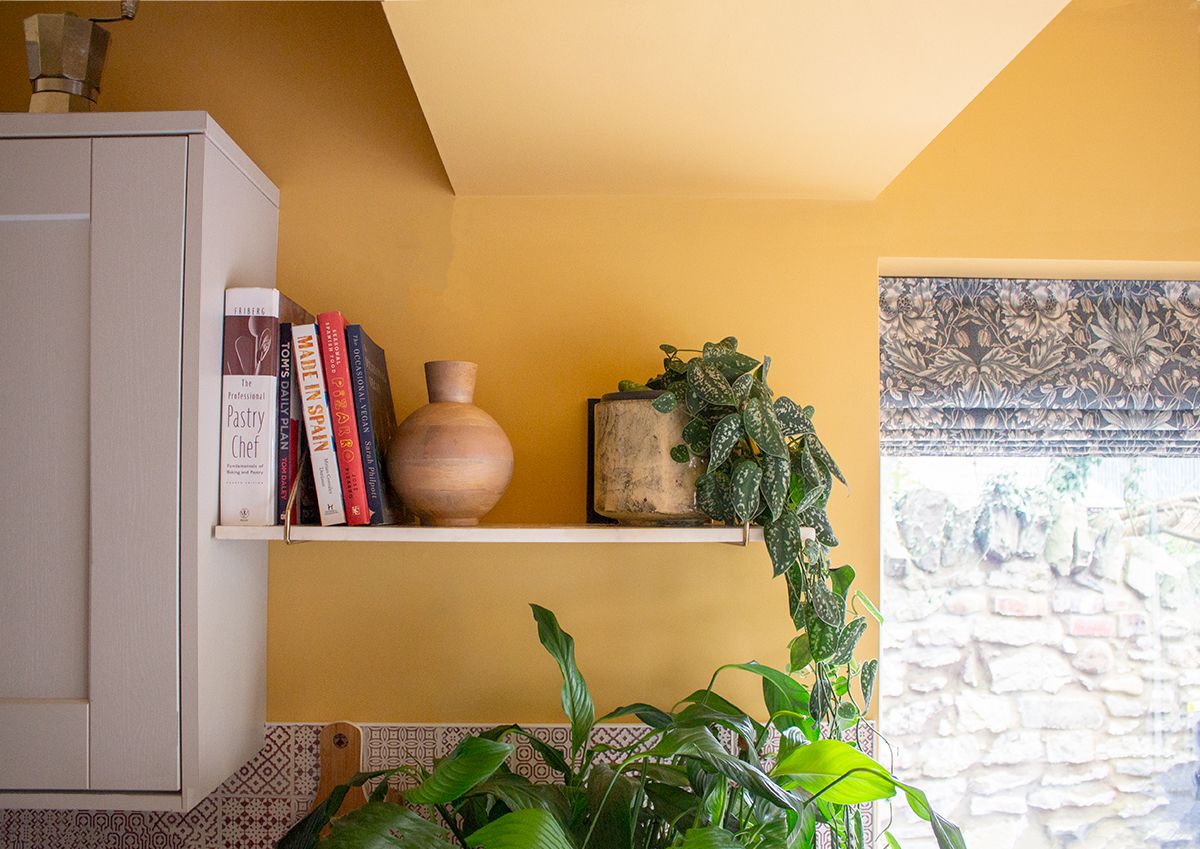 A close up photo of the shelves in the yellow painted kitchen, with plants and cookbooks on them.