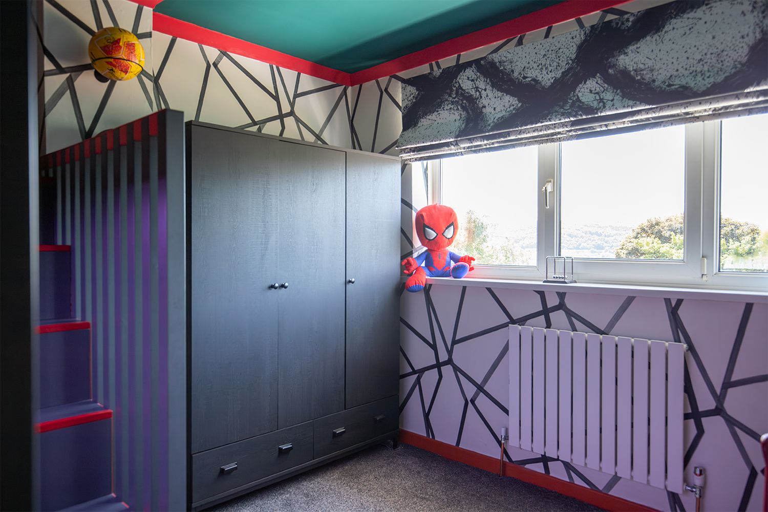 The new black wardrobes and graphic patterned Roman blind in the corner.