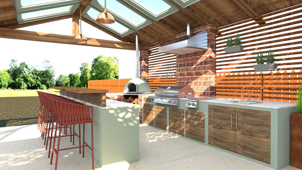 A rendered image of an covered outdoor kitchen and bar area