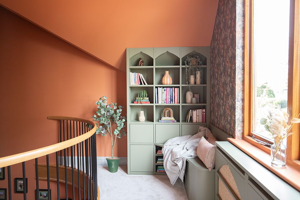Our bespoke design for a bookcase, window seat and radiator cover in the mezzanine area.