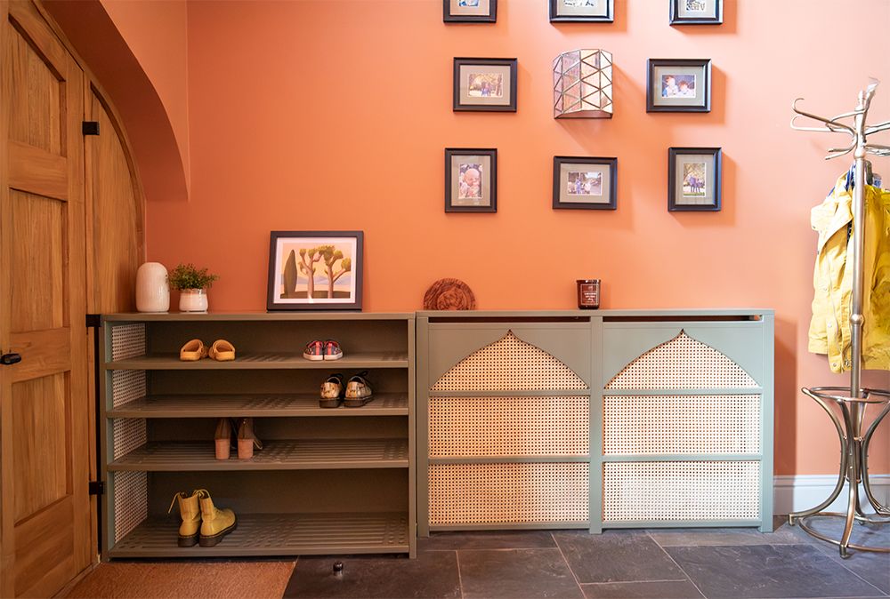 Bespoke shoe storage which blends in to the radiator cover in the hallway.